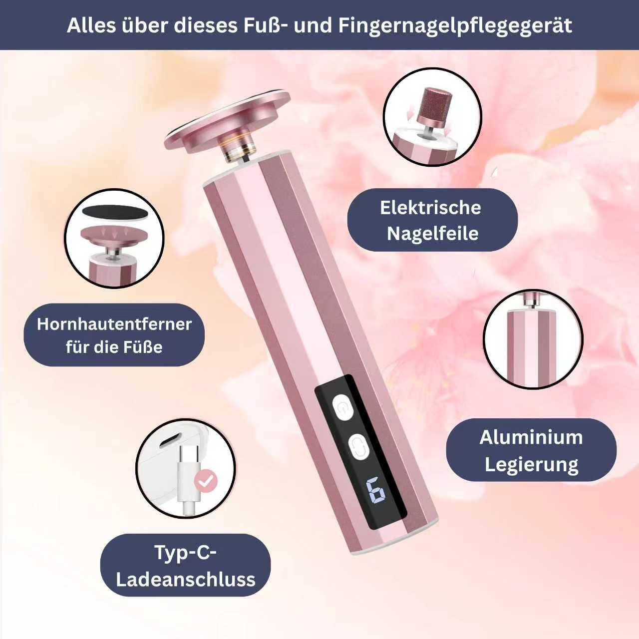 gesundpur SamtFuß Pro – Elektrischer Hornhautentferner 2-in-1 Pedikürezubehör, Fußfeile und Nagelschleifer, Professionelles Hand- und Fußpflegegerät zur Hornhautentfernung