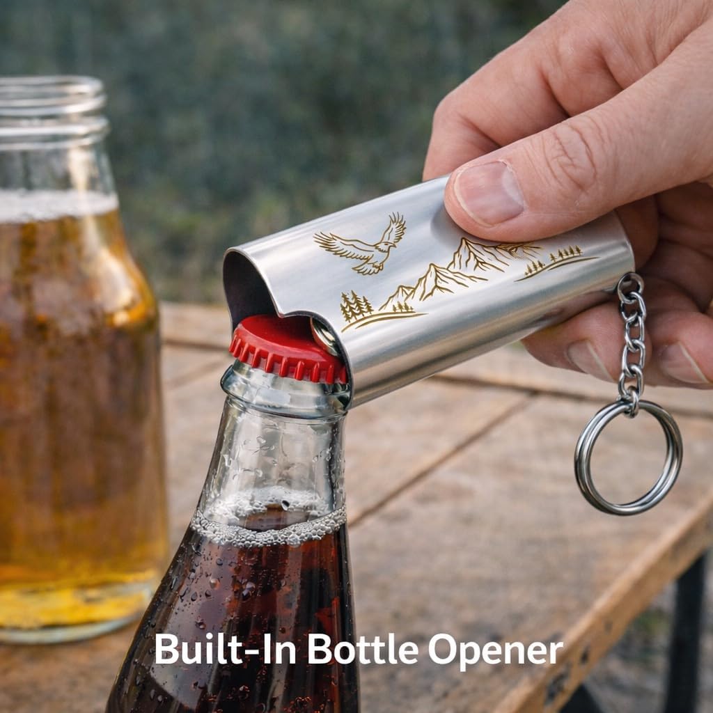 IN SELECT Laser Engraved Premium Solid Metal Lighter Case for BIC Standard J6, Keychain Cover with Built-in Bottle Opener, Durable EDC Accessory (Lighter Not Included) (Eagle & Mountin Edition)