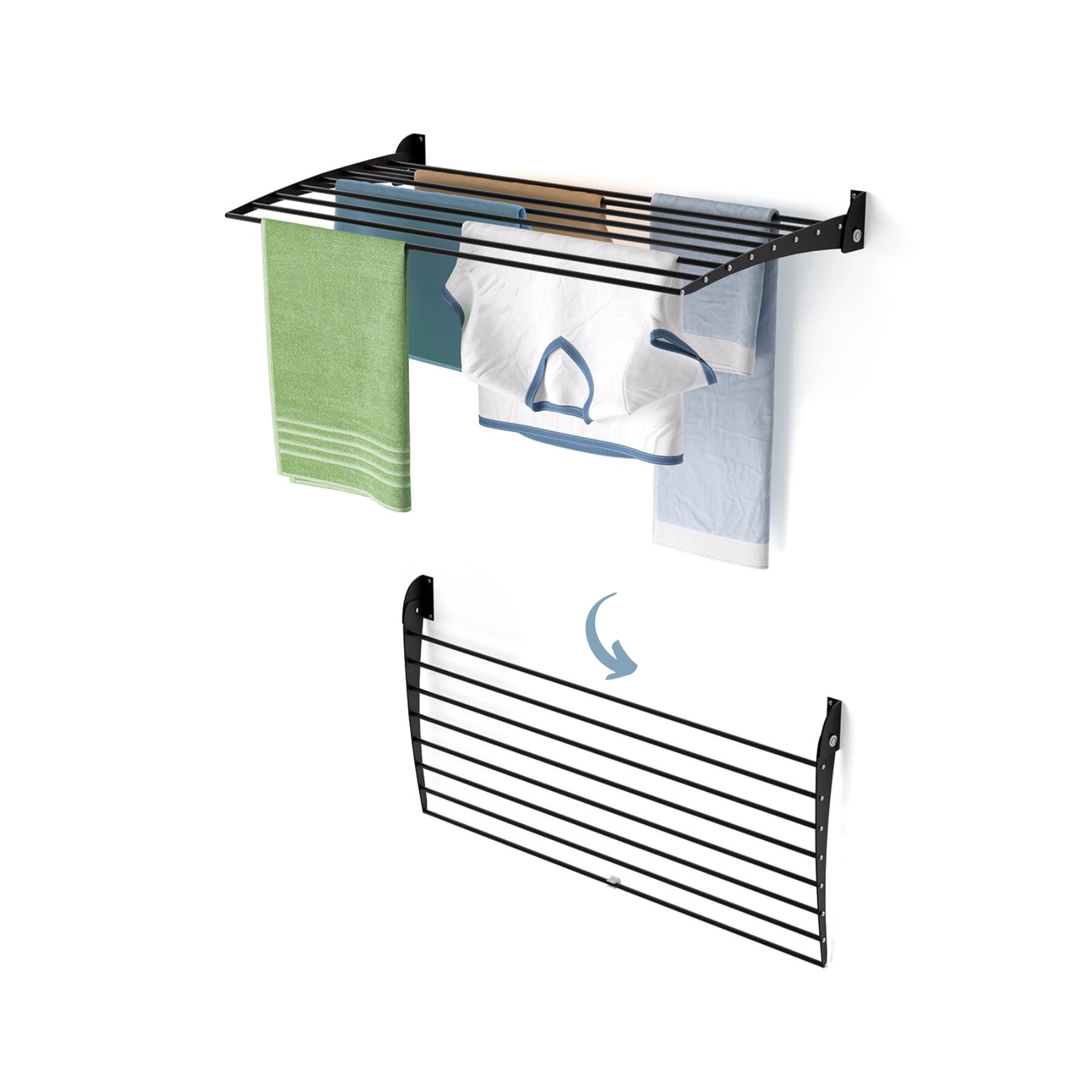 Foxydry Black - Closing Downwards Fold 102 X 50 X 50 Cm Wall Mounted Clothes Airer For Indoor And Outdoor Use In Aluminium And Steel 102 X 50 X 50 Cm (Black Down, 1X Fold 100)