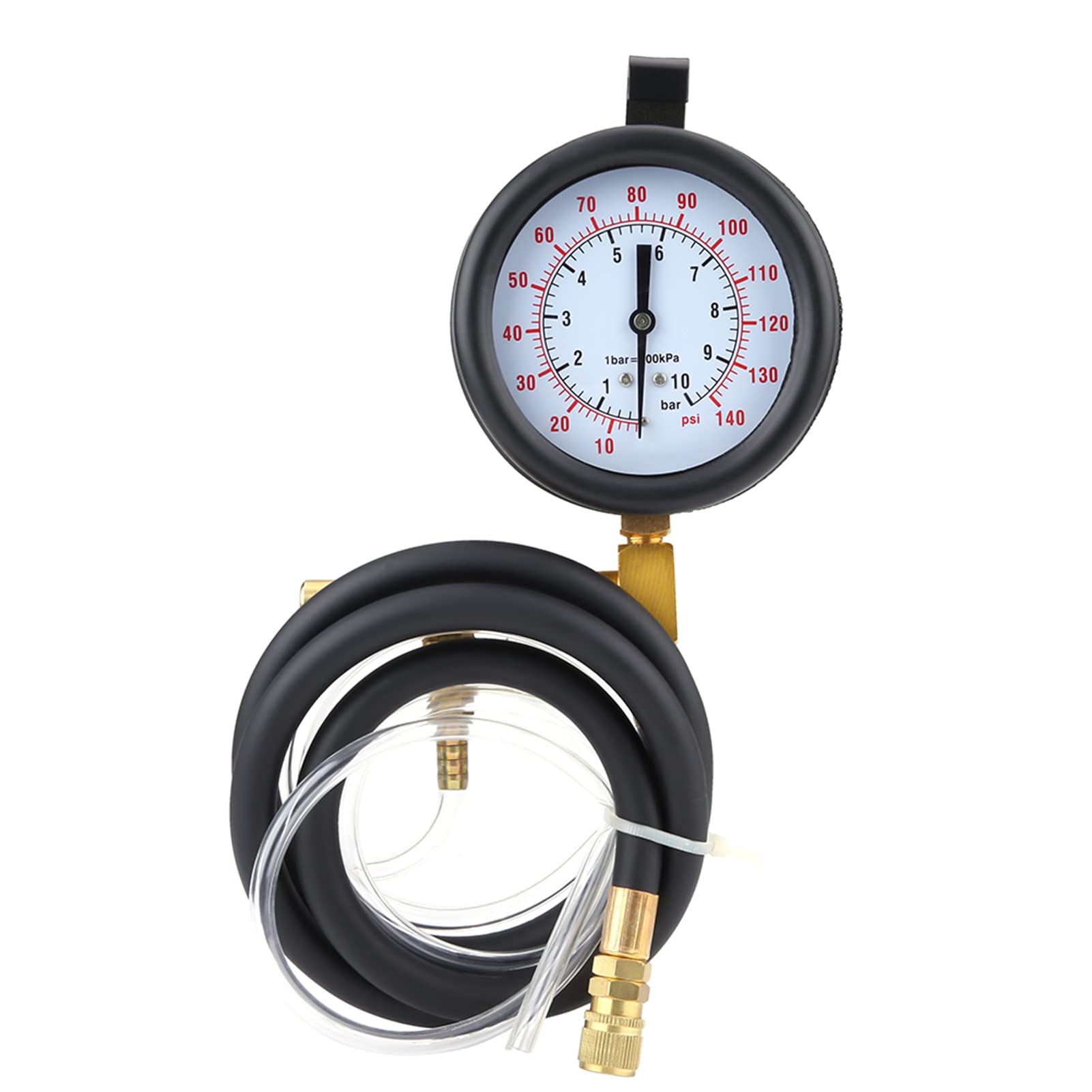 Keenso Kit de prueba de presión de combustible de gasolina, herramienta de diagnóstico de bomba de inyección de combustible de cobre y caucho, de 0 a 140 PSI con válvula de alivio y adaptadores para