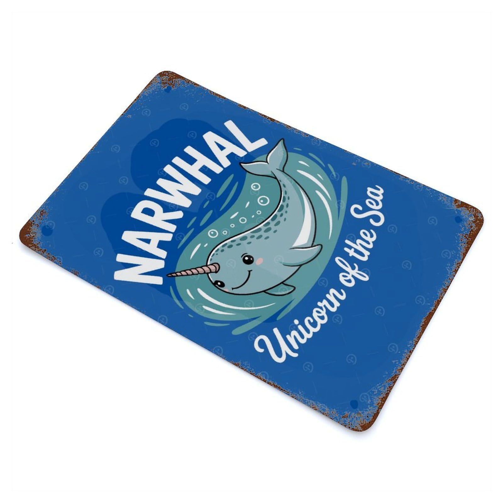 Aged Metal Wall Plaque with Narwhal Unicorn Of The Sea Design 11.8"x7.9", for Pub, Kitchen And Man Cave Decor, Shabby Chic Decor