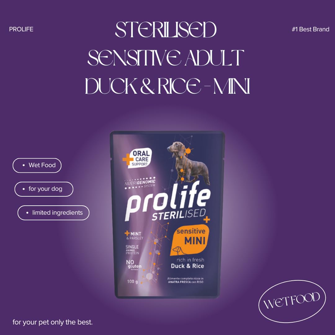 PROLIFE Cane Sterilised Sensitive Adult Duck & Rice - Mini | alimento umido completo per cani sterilizzati e/o sensibili di taglia piccola, prodotto senza glutine, 20 bustine da 100 grammi.