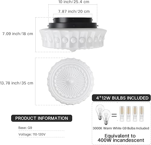 Miniatura 4 de Lámpara de techo de vidrio de leche blanca, iluminación de montaje al ras de 13.8 pulgadas para dormitorio, pasillo, cocina y comedor, diseño Blanco