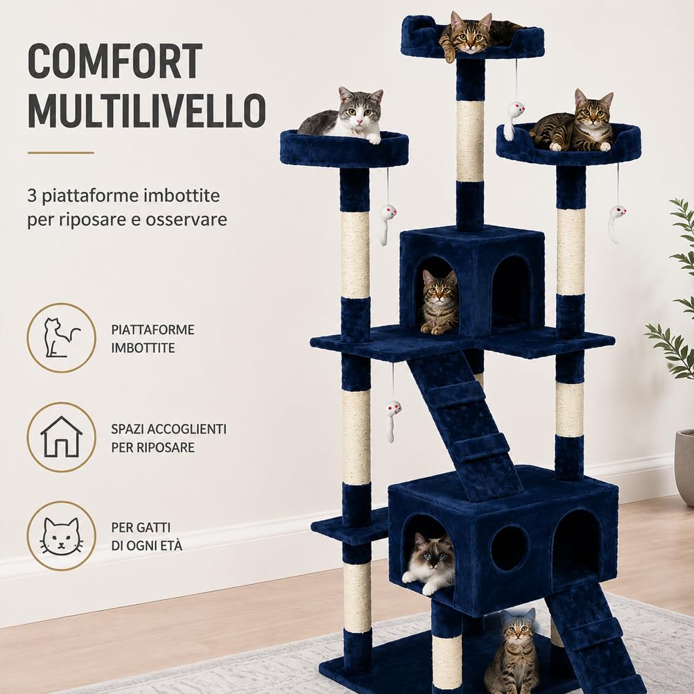 Bakaji Rascador para Gatos Árbol para Gatos Sisal Parque Giochi Caseta Gato Tira arañazos uñas Alto 170 cm, Torre de Escalada para Gatos Estable de Varios Niveles (Azul)