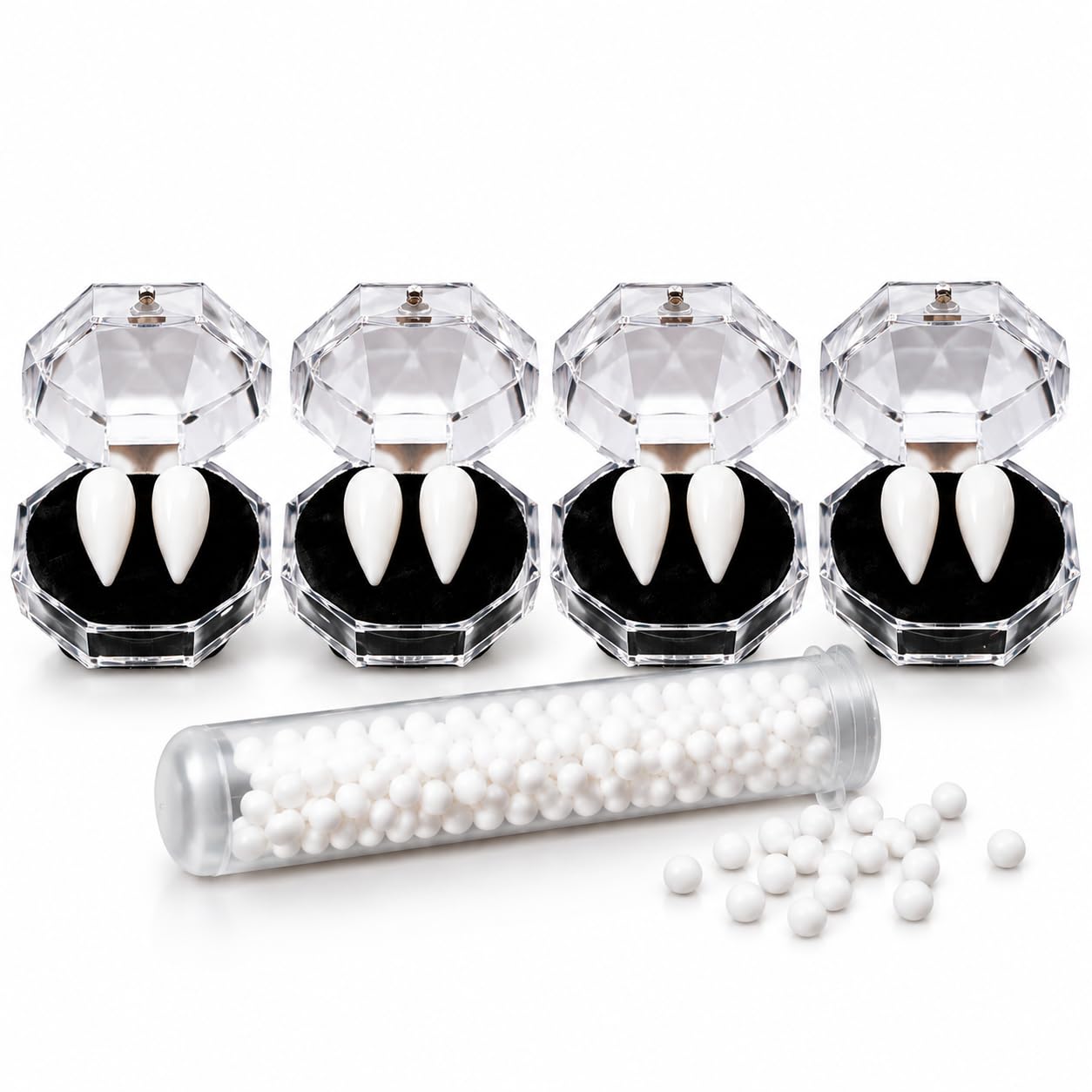 Himcelx 4 Pairs Vampire Teeth, 4 Sizes Fake Teeth with Tube of Solid Adhesive, Vampire Fangs for Halloween Cosplay (13mm 15mm 17mm 19mm)
