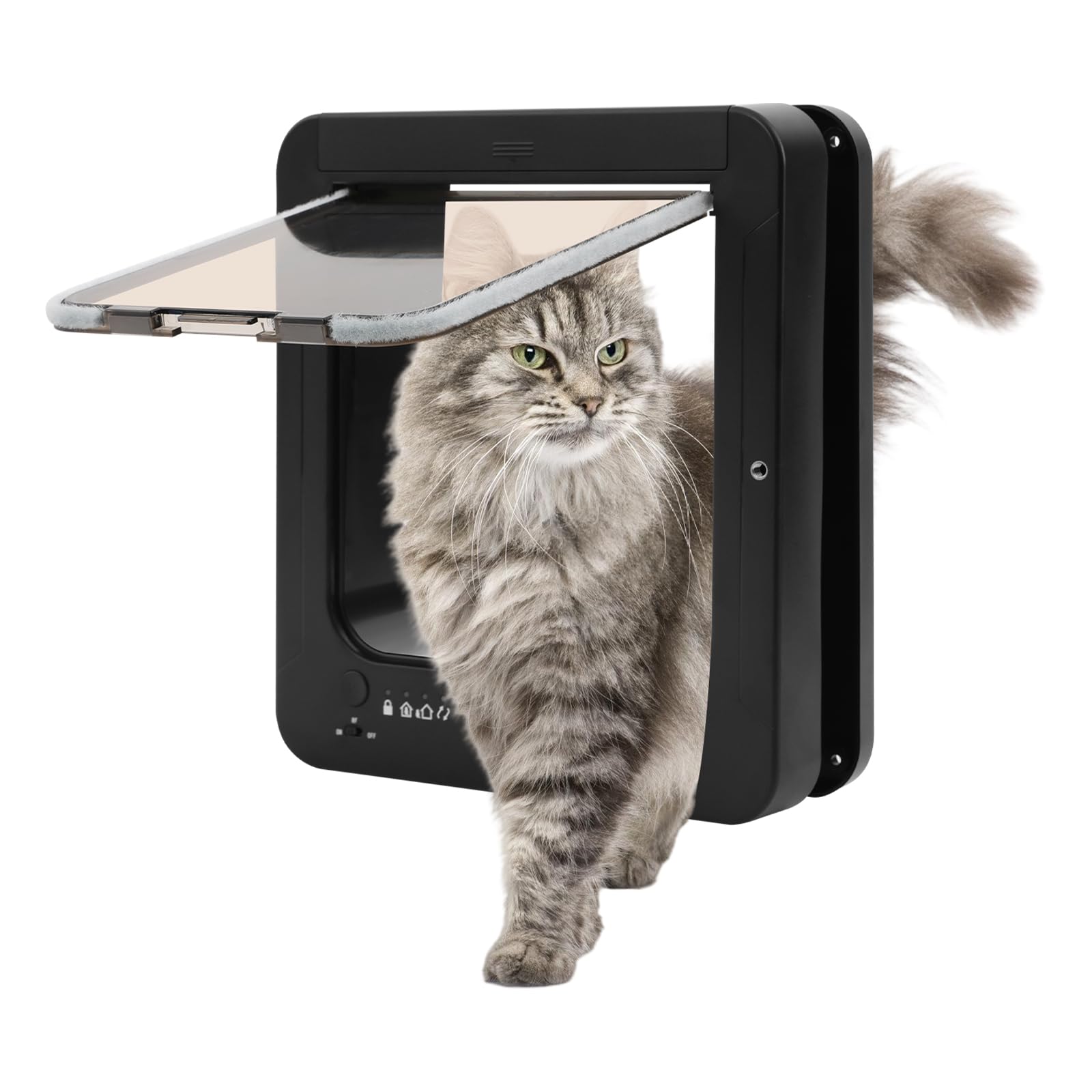 Mikrochip Haustierklappe mit RFID-Halsbandanhänger, 4-Wege Katzentür zur Installation in Türen, MIT Fernbedienung, für Katzen und kleine Hunde (Schwarz)
