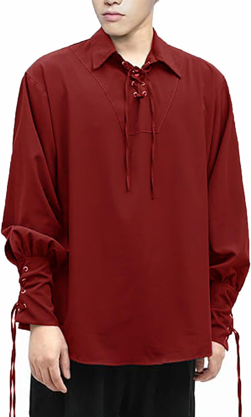 Men's Medieval Pirate Shirt, Viking Steampunk Costume Victorian Lace Up Shirts Halloween Renaissance Gothic Cosplay Tops - Image 3