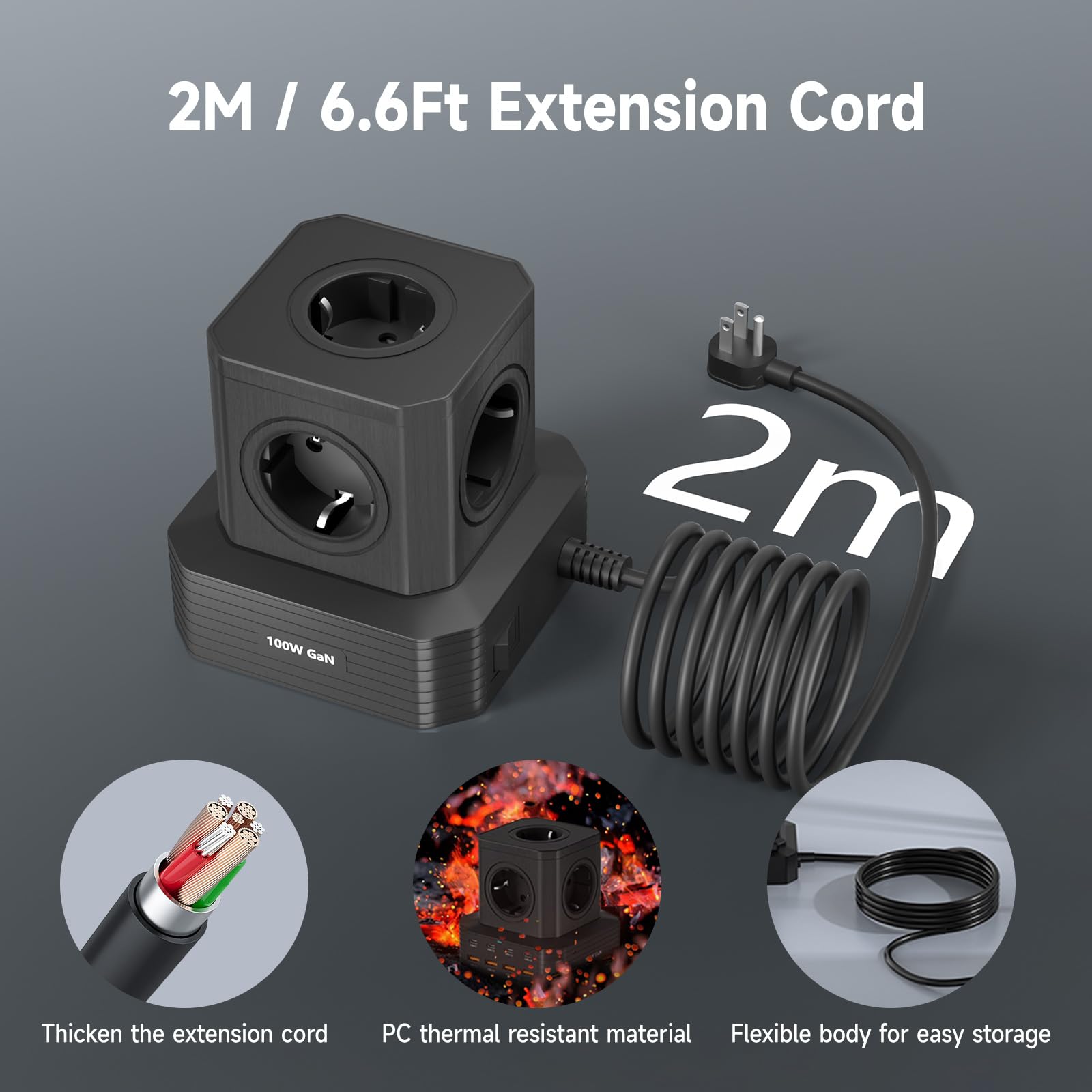 Cable de extensión eléctrica con 8 Puertos USB de Carga rápida, 100 W PD3.0 | Cable de extensión eléctrica con 8 puertos USB de carga rápida, 100 W PD3.0