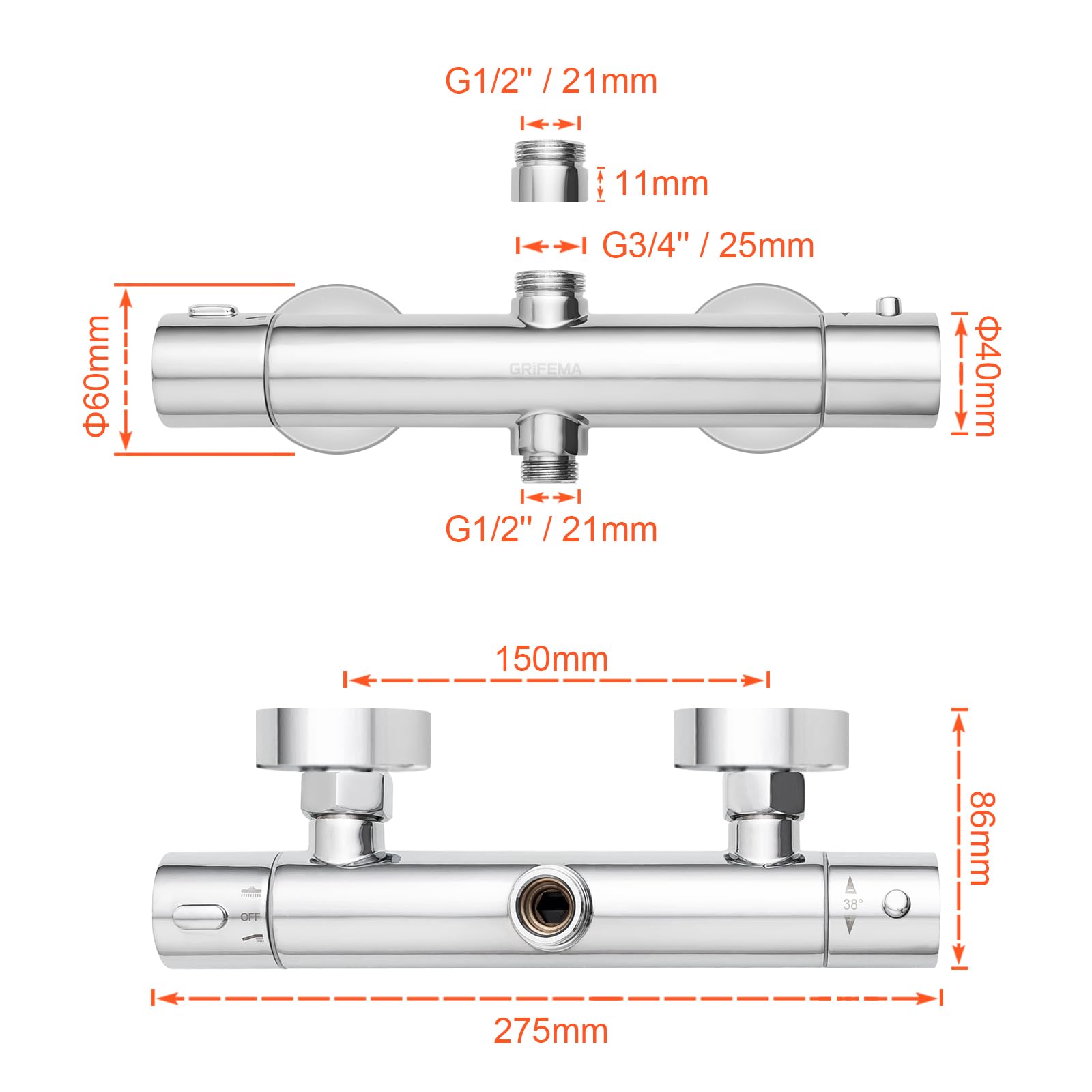 GRIFEMA G17005 Berlin-Rubinetto Miscelatore Termostatico per Sistema-Colonna Doccia, Cromo, Argento [Exclusiva Amazon] 31 x 12 x 7 cm