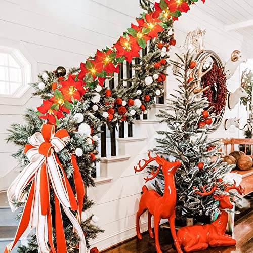 Dazzle Bright 2 Pack 7 Ft Christmas Poinsettia Flowers Garland Decorations, 10 Led Lighted Artificial Velvet String Lights With Red Berries, Xmas Ornaments For Indoor Outdoor Fireplace Decor #TOP6