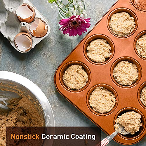 SHINEURI 5-Piece Nonstick Copper Bakeware Set - 14.3inch Roast Pan, 13.8inch 12-Cup Muffing Pan, 9.8inch Loaf Pan, 9inch Square Pan & 8.8inch Round Cake Pan - Dishwasher & Oven Safe, PFOA/PTFE Free - Thumbnail 5