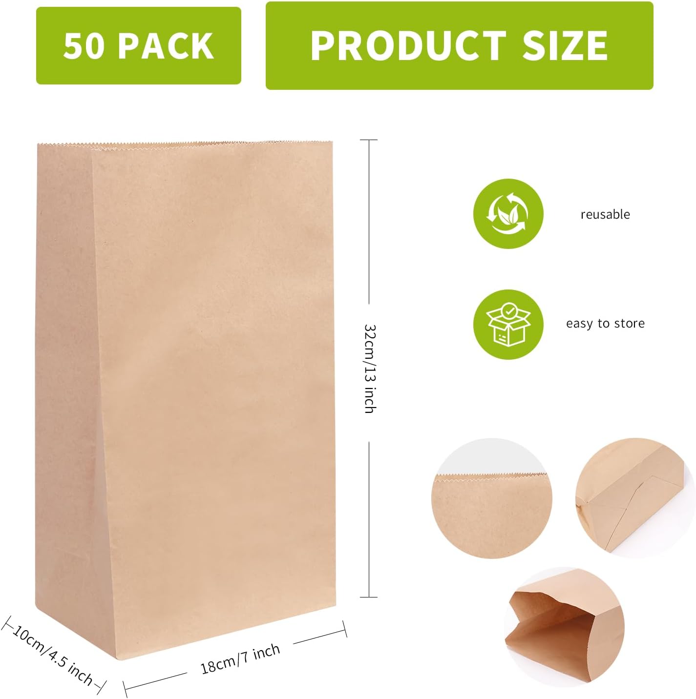 50 Pcs 12 Lb 13 x 7 x 4.5" Brown Paper Lunch Bags, Large Durable Paper Bags Bulk for Packing, Delivery, Take Out, Grocery, Retail Shopping, Heavy Duty Kraft Paper Sack for Snacks, Bakery - Image 2