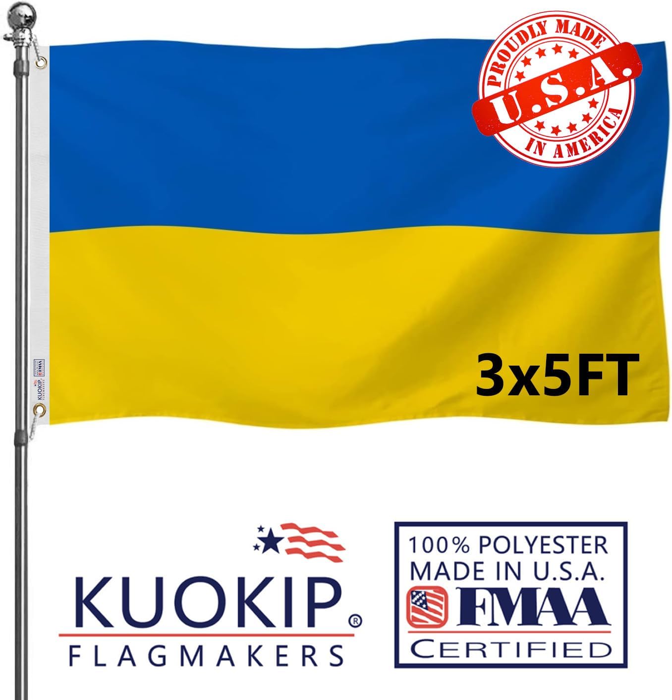 Double Sided Ukraine Flag 3x5 Made in USA Outdoor Heavy Duty 3 Ply Polyester Ukrainian UKR Flag with White Starting Tape and 2 Brass Grommets