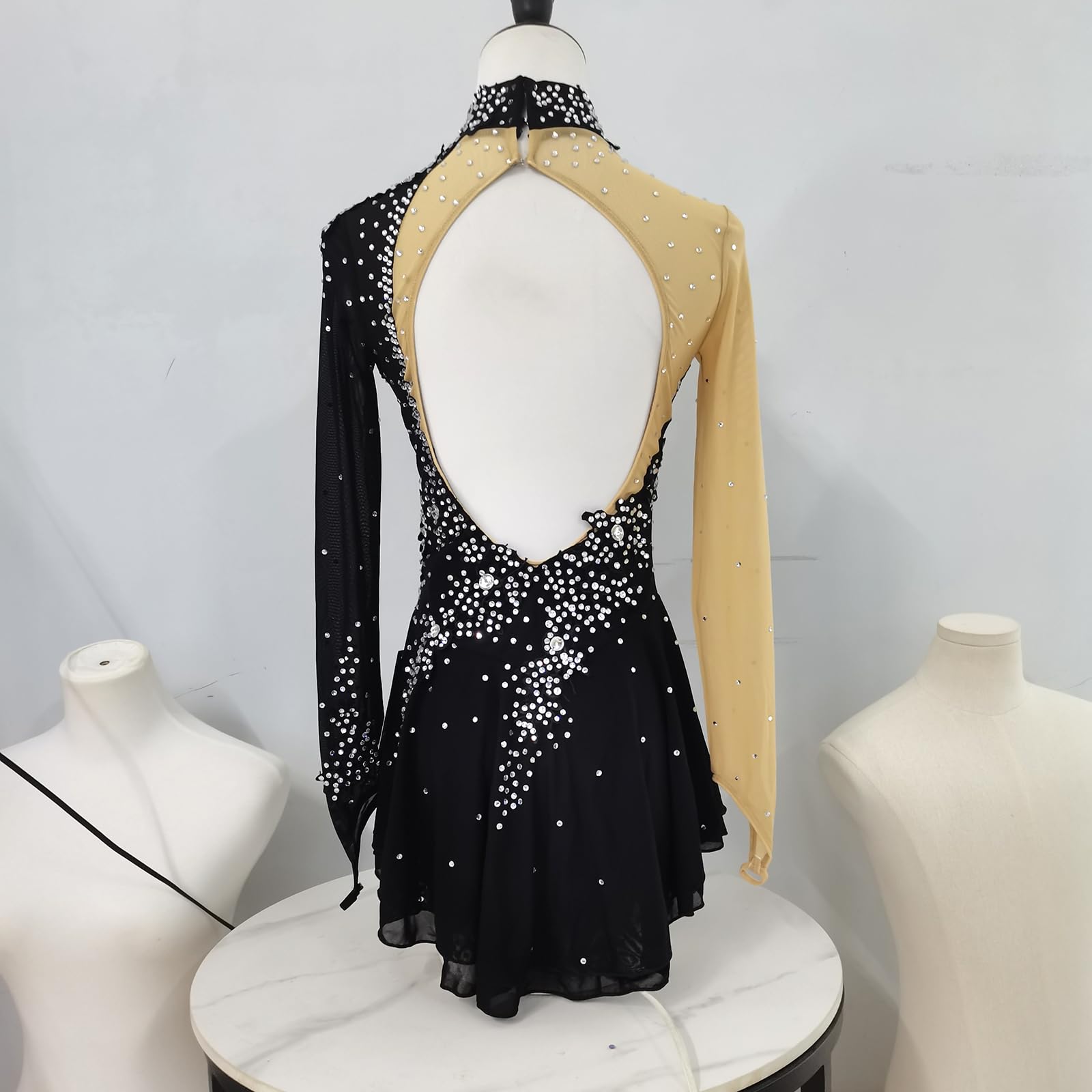 JoyCan Girls' Black Long Sleeve Figure Skating Dress Shiny Professional Customized Competition Costume