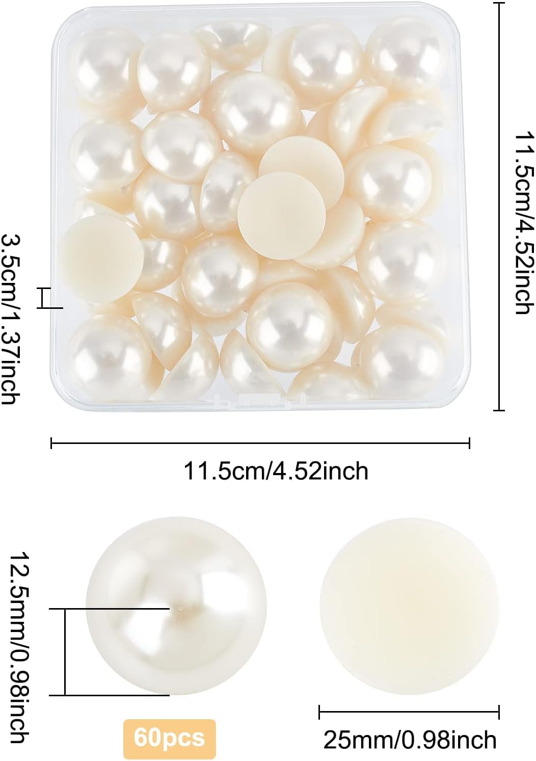 FINGERINSPIRE 60 piezas de 25 mm de color beige con parte trasera plana perla extral grande cabujón cuentas de media perlas con contenedor grande mitad redonda perlas sueltas gemas