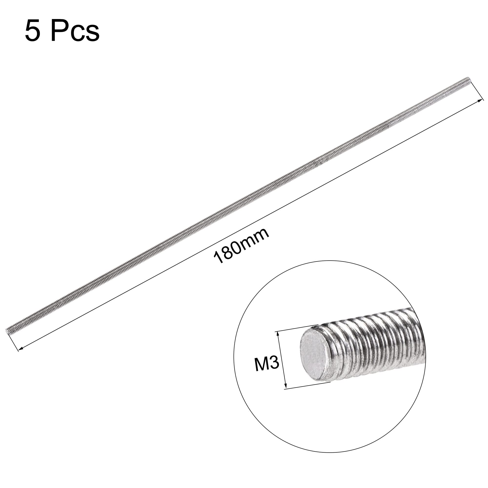 Asta Filettata M3 180mm In Acciaio Inox 304 - Completamente Filettata, 5 Pezzi, Per Fai Da Te - Foto 2