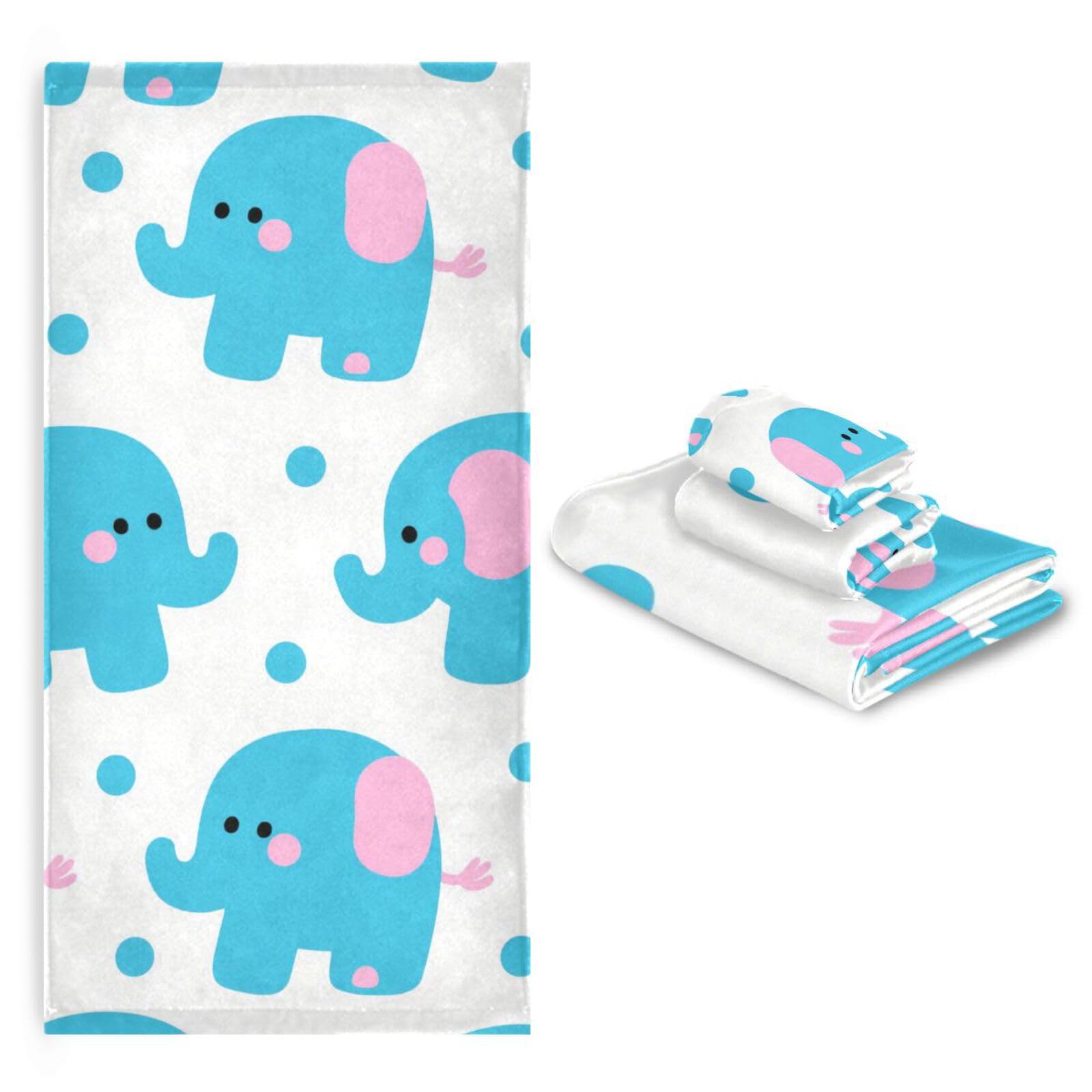 Set di 3 asciugamani morbidi per il viso con elefanti blu in stile cartone animato, 1 asciugamano da bagno, 1 asciugamano per le mani, 1 panno per la casa, cucina e famiglia