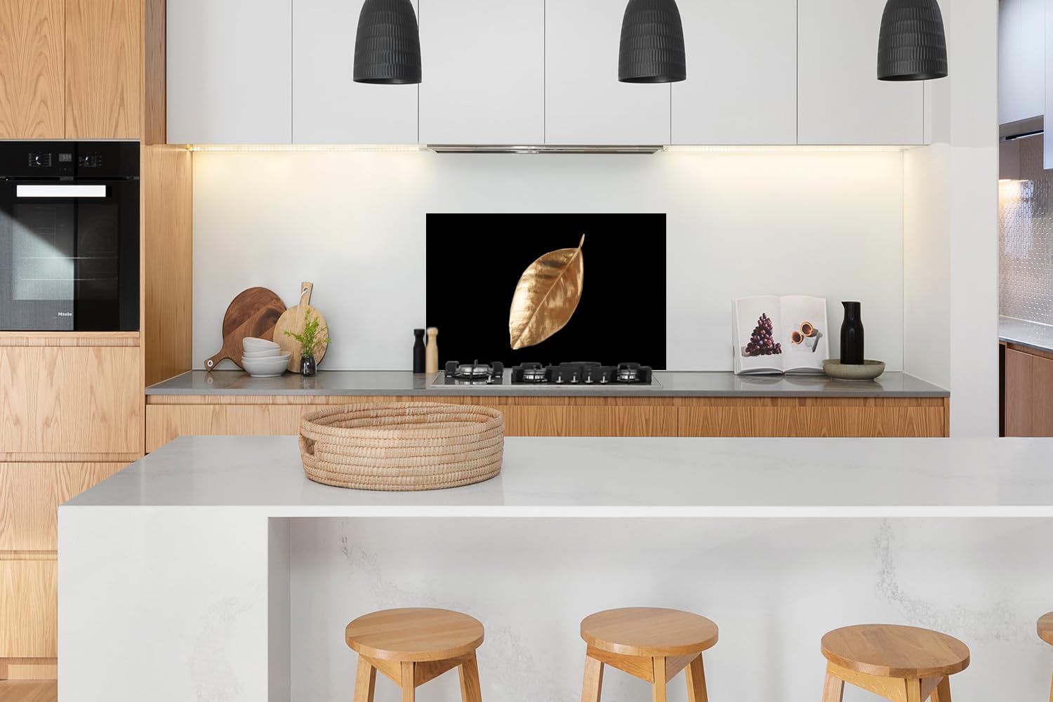 KitchenYeah© Spritzschutz Küchenrückwand Platte Küchen Zubehör Aluminium | 100x65 cm - Platte Herd Spritzschutz WandverkleidungBlätter - Gold - Luxus - Pflanzen - Schwarz