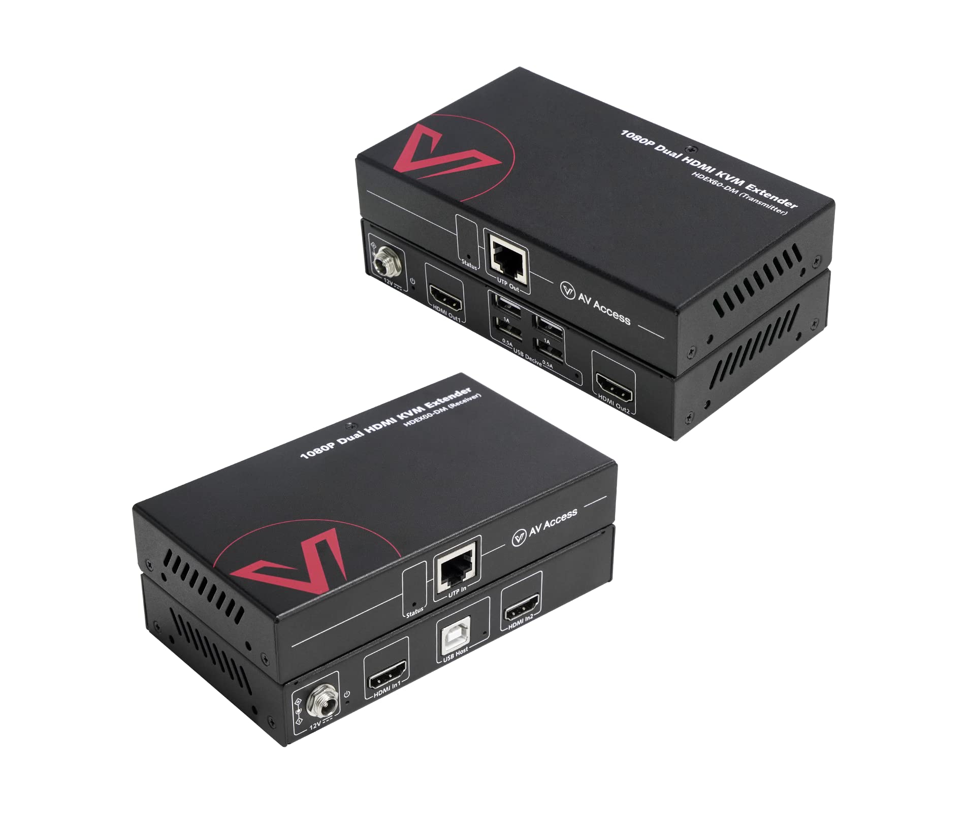 AV Access Dual Monitor HDMI KVM Extender LAN Ethernet RJ45 Over Cat5e/6/6a/7 Cable bis zu1080p@60Hz 60m, Zero Latency Extended Dual View, 4 USB 2.0 Ports für Tastatur/Maus, HDCP 1.4, PoC, 1 in 2 Out