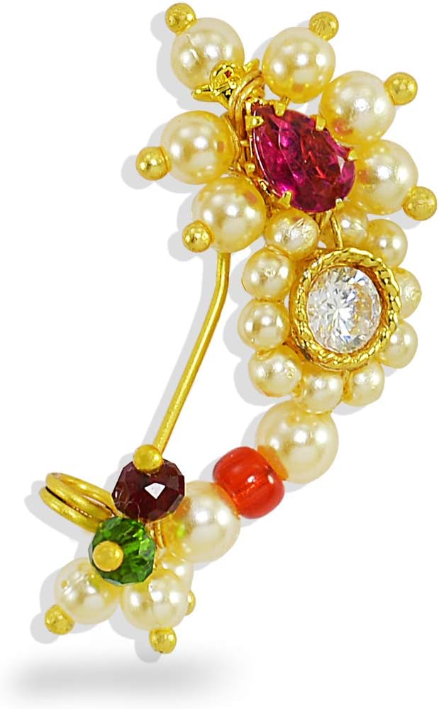 Maharashtrian Nath Nose pin Small Size Traditional Diamond Marathi Nathni Stud non piercing Pearl Gold Plated Nath Clip On Nose Jewellery For Girls and Women