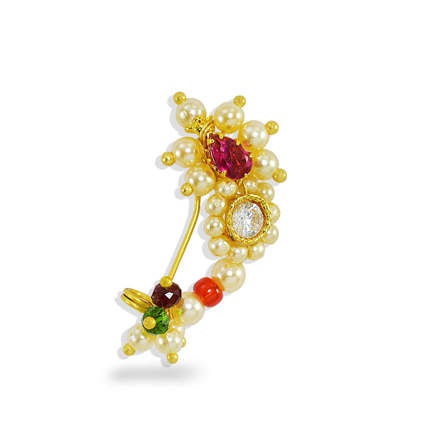 JEWELOPIA Maharashtrian Nath Nose pin Small Size Traditional Diamond Marathi Nathni Stud non piercing Pearl Gold Plated Nath Clip On Nose Jewellery For Girls and Women