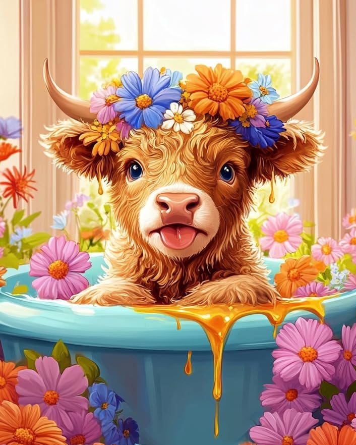 uuxsretaio Highland Cow Paint by Numbers Kit for Adults, Easy Highland Cow DIY Paint by Number Kits on Canvas for Beginner, Adults Painting by Numbers Kits for Home Wall Decor 16x20 Inch