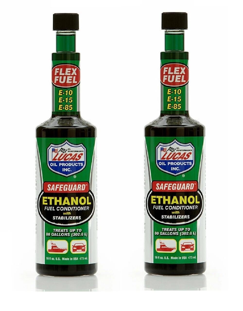 Set de 2 Botellas LUCAS Aditivo Protección para Gasolina E5 Y E10 E15 E85 Etanol Acondicionador y Estabilizador para Combustible de Etanol, 473ml por Botella - Lucas Safeguard® Ethanol Fuel