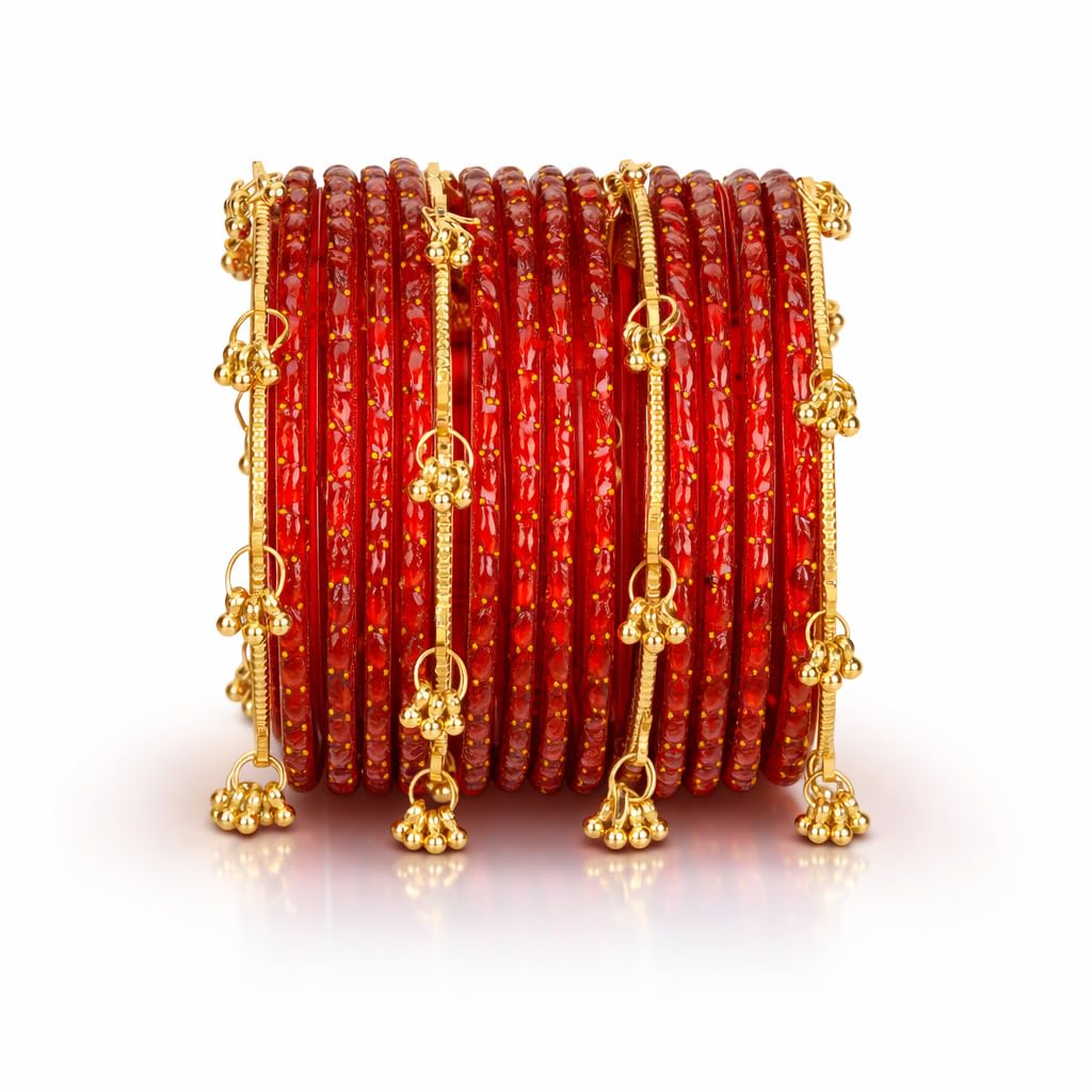 Shining Diva Fashion 16 Pcs Traditional Stylish Glass Ghungroo Kashmiri Bangles Set for Women & Girls (17379b_2.6_17387b