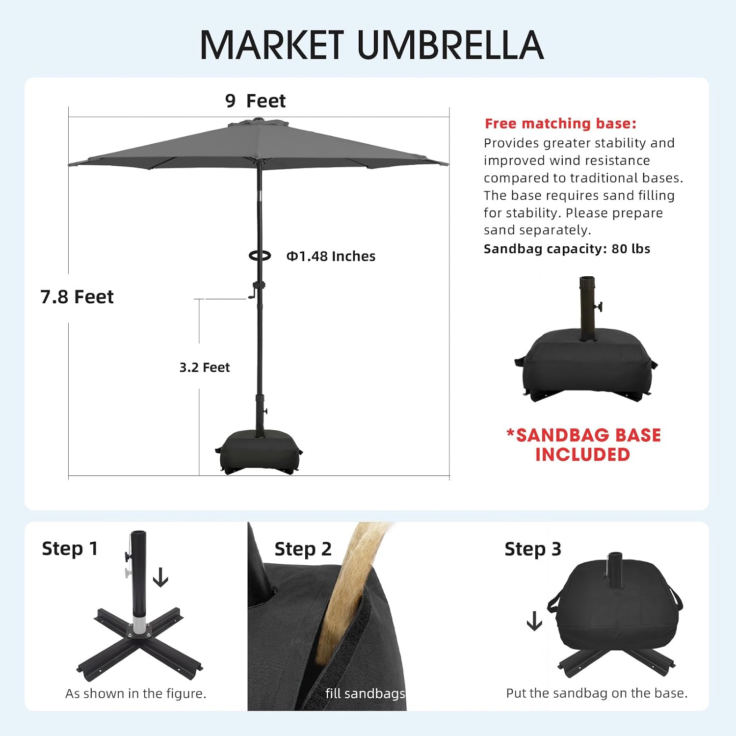 wikiwiki 9ft patio umbrella with base, outdoor umbrellas with base included, 8 sturdy ribs, waterproof fade resistant polyester dty canopy for deck, lawn, garden, backyard & pool, dark gray dark gray 9ft