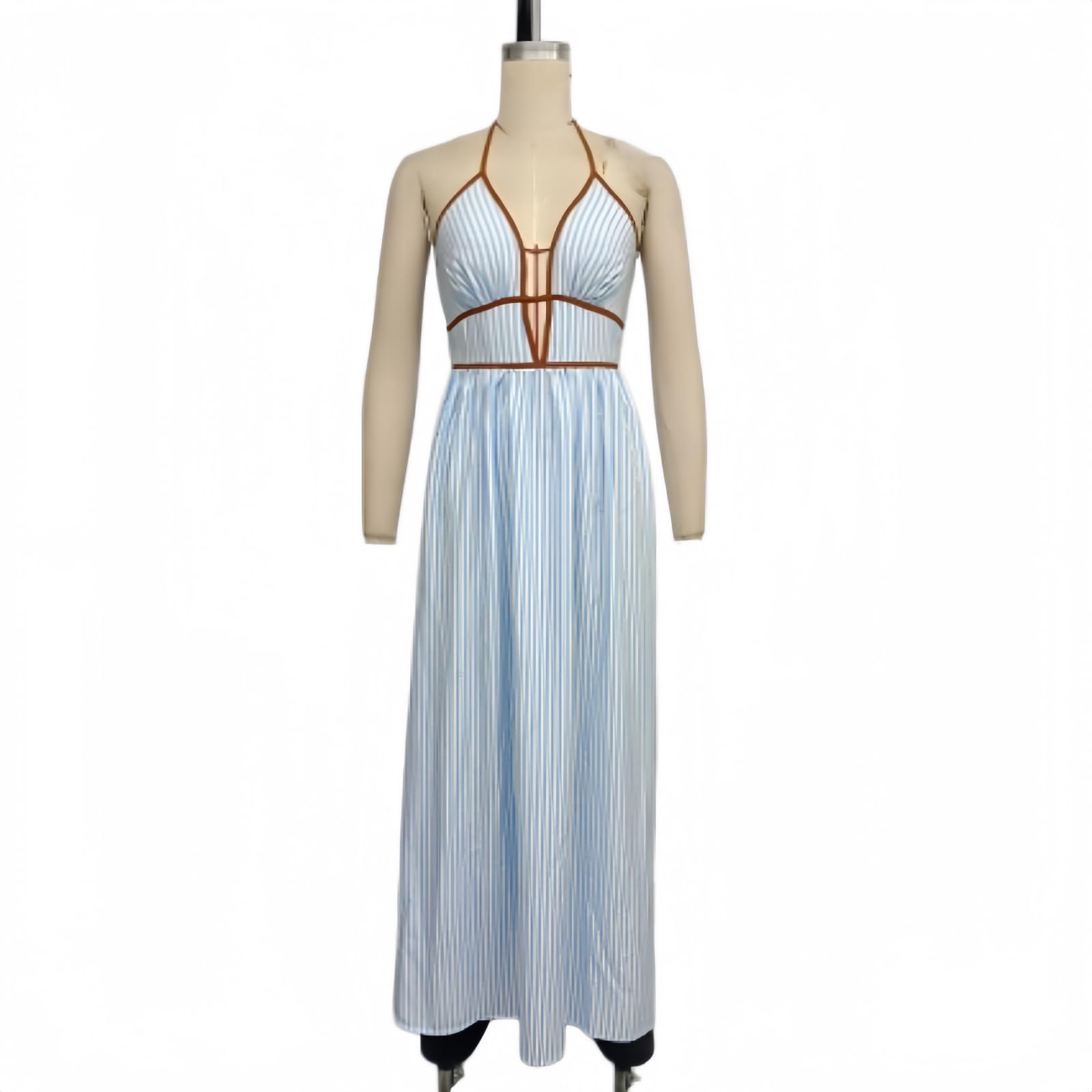 Generico Maxi Abito Estivo Chic a Righe, Scollo a V, Senza Maniche e con Schiena Scoperta; Modello a Linea A con Scollo all'Americana e Spalline Arricciate.
