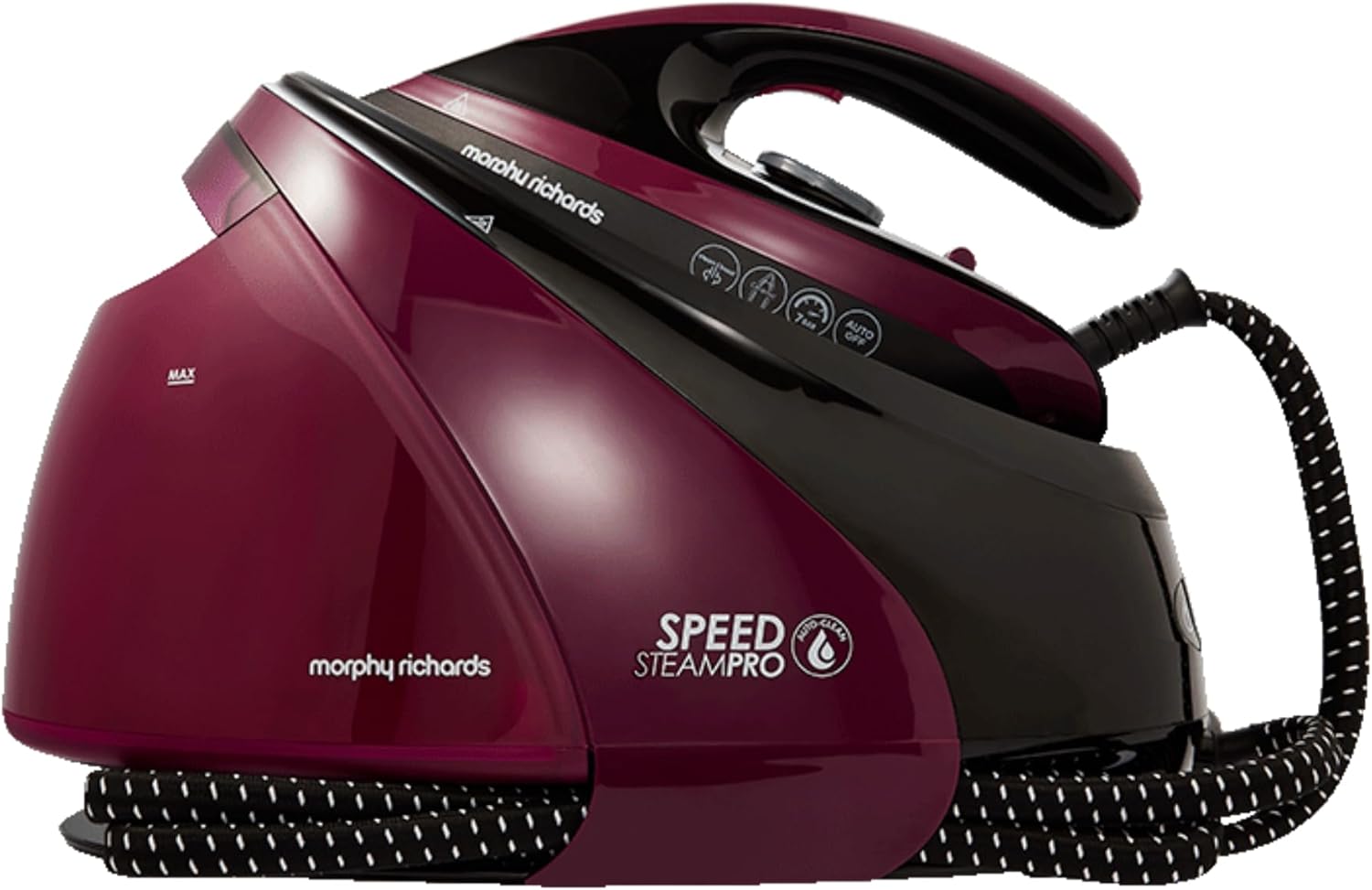 Product image of Morphy Richards SpeedSteam Pro Steam Generator Iron, Ceramic Soleplate, Autoclean, 70g to 120g Rates, 590g Boost, 7 Bar Pressure, 1.6L Water Tank, 1.8m Cord, 3000W, Black and Mulberry, 332102