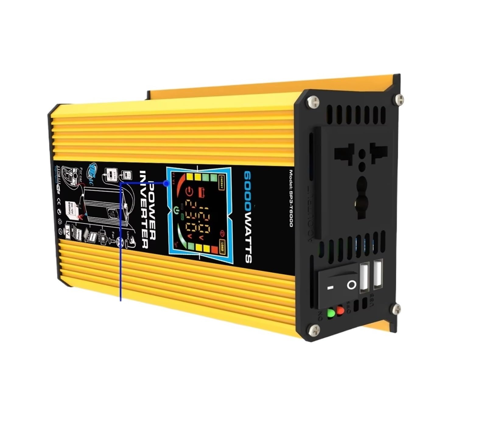 Inversor Inversor Energía Solar Vehículos 6000W (CC 12 V A CA 110 V/220 V) con Pantalla Digital USB Dual Autocaravanas Pequeños Electrodomésticos Inversor de Corriente(AC 110V)