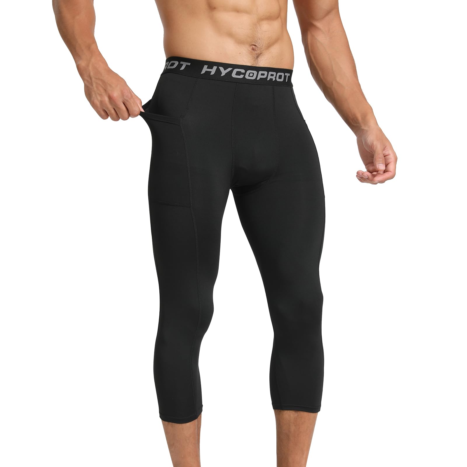 HYCOPROT 3/4 Pantalones de Compresión para Hombres con Bolsillos, Deportivos para Correr, Entrenamiento, Yoga y Baloncesto
