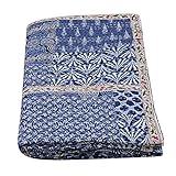 Janki Creation Indian Indigo Blue Bedcover Cotton Kantha Quilts Handmade Bedspread Throw Bedding Twin Patchwork Kantha Blanket