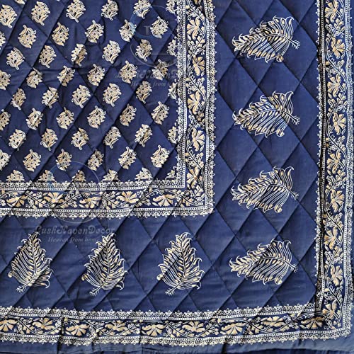 Image of Jaipuri Razai Single Bed Gold Print with Computerized Quilting Use as Soft and Breathable Cotton Comforter Quilt Rajai Blanket Dohar Size 55X85 inch Blue Pack of 2