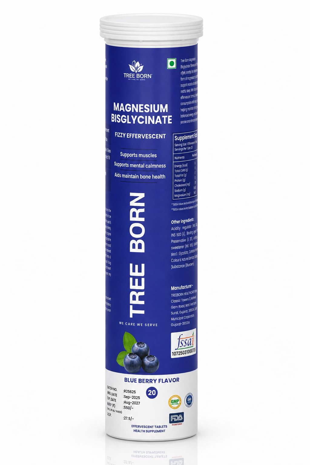 Tree Born Magnesium Bisglycinate Effervescent Tablets | Highly Bioavailable Magnesium Supplement | Supports Muscle Function, Nerve Health & Mental Calmness | Blueberry Flavor | 20 Fizzy Tablets-image-43