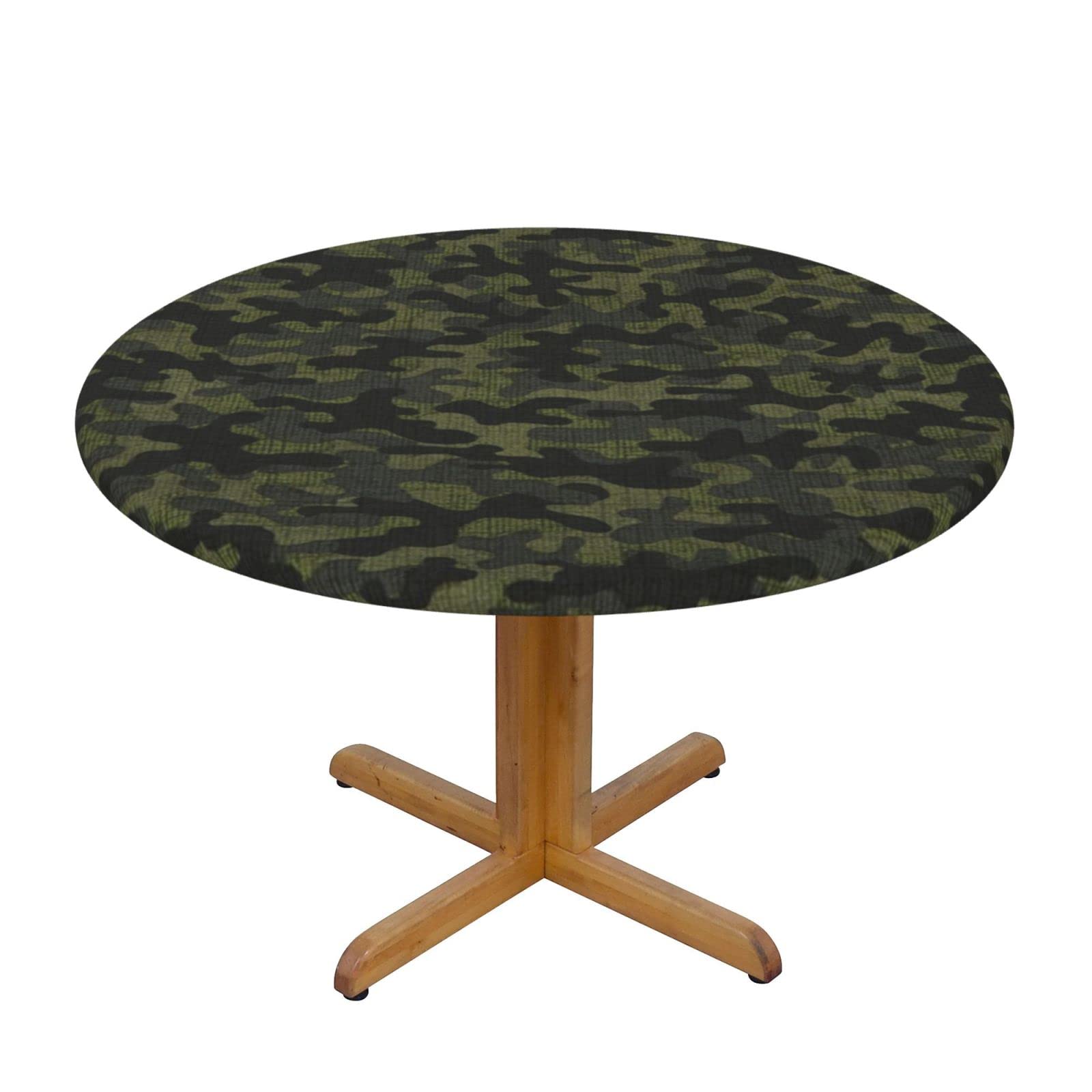 Lsjuee Round Fitted Tablecloth 45-50in Elastic Edged Table Cloth for Kitchen Dining Party Home Decor - Camouflage Stripes Green Black Texture