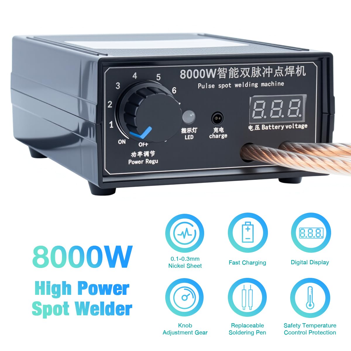 Hosyond Soldador por puntos de batería de mano de 8000 W, kit de máquina de soldadura portátil de bricolaje, soldador por puntos de alta potencia con tira de níquel para batería 18650