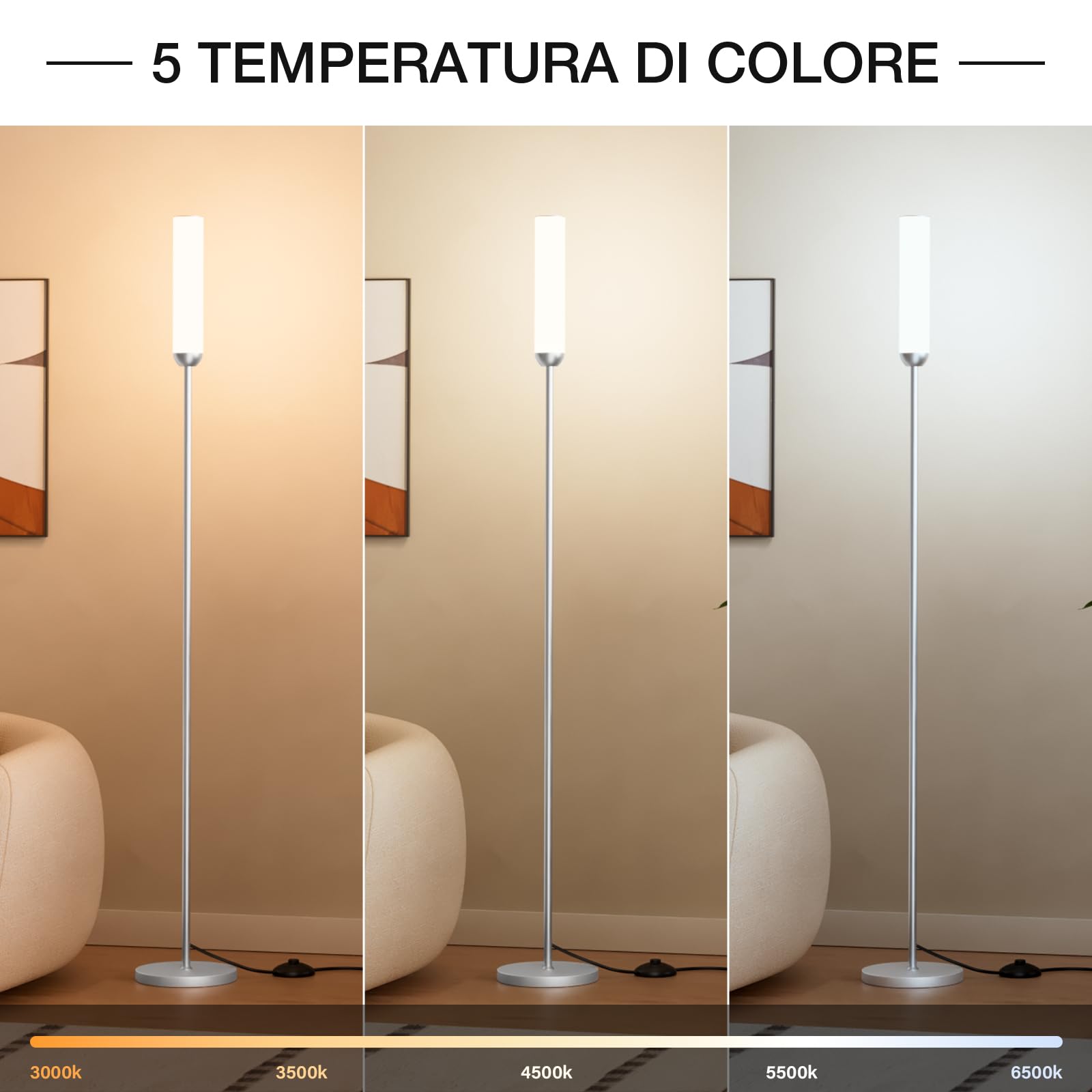 Lampadaire sur Pied Salon, lampadaire LED Dimmable, 5 Températures de Couleur avec Télécommande et Pédale de Commande, LED Lampe sur Pied Moderne Argent pour Chambre, Étudier, Bureau