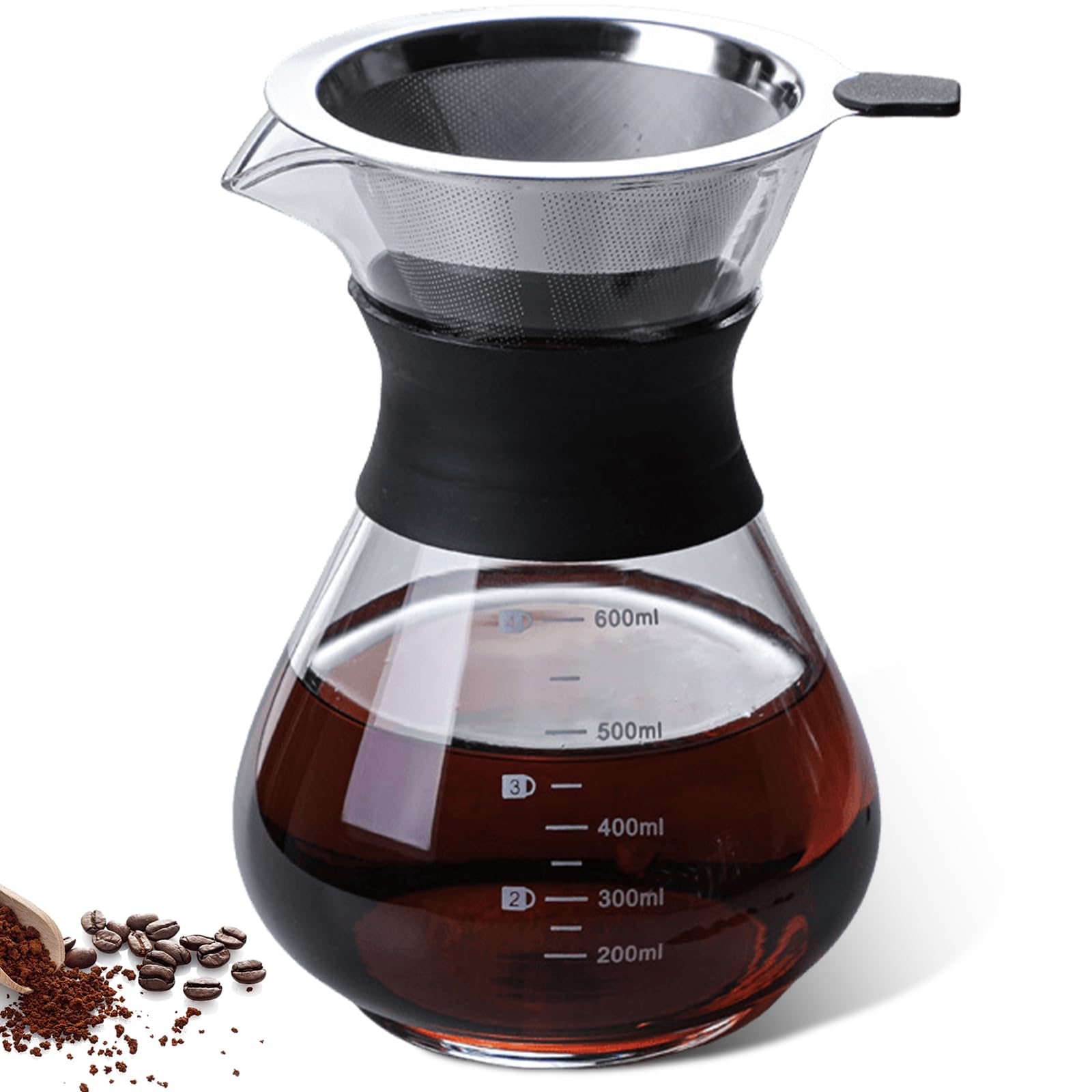 Pour Over Kaffeebereiter, 600ml Kaffeebrüher für Filterkaffee, Hand Kaffee Edelstahl Handfilter Aus Glas Mit Permanentfilter, Manueller Drip Kaffeebereiter, Für Zuhause, Café, Restaurant, Camping