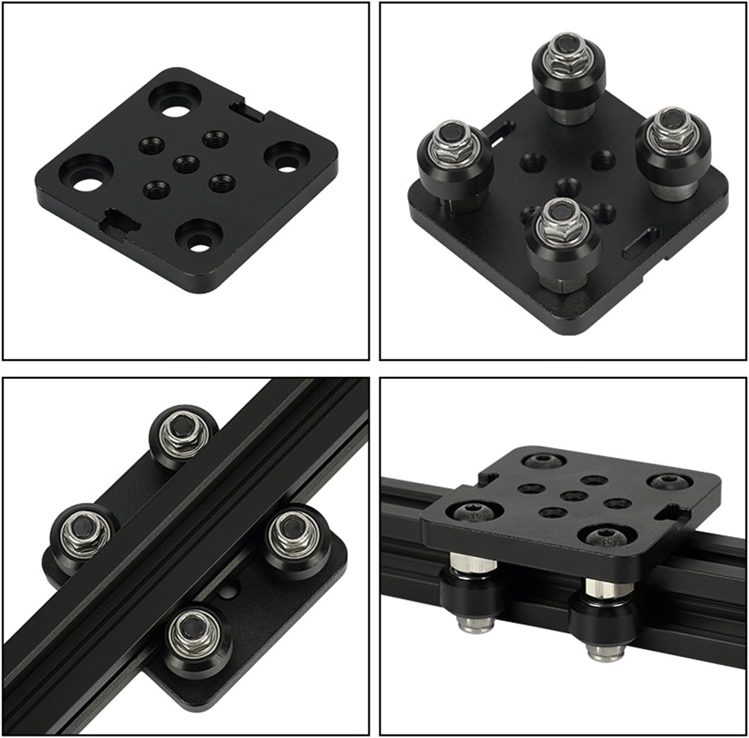 4 Pack Small V Wheel Plate, Gantry Rod Plate with Wheel, Mini V Wheel Support Plate for 2020 Aluminum, CNC and 3D Printer Parts, Black Wheel