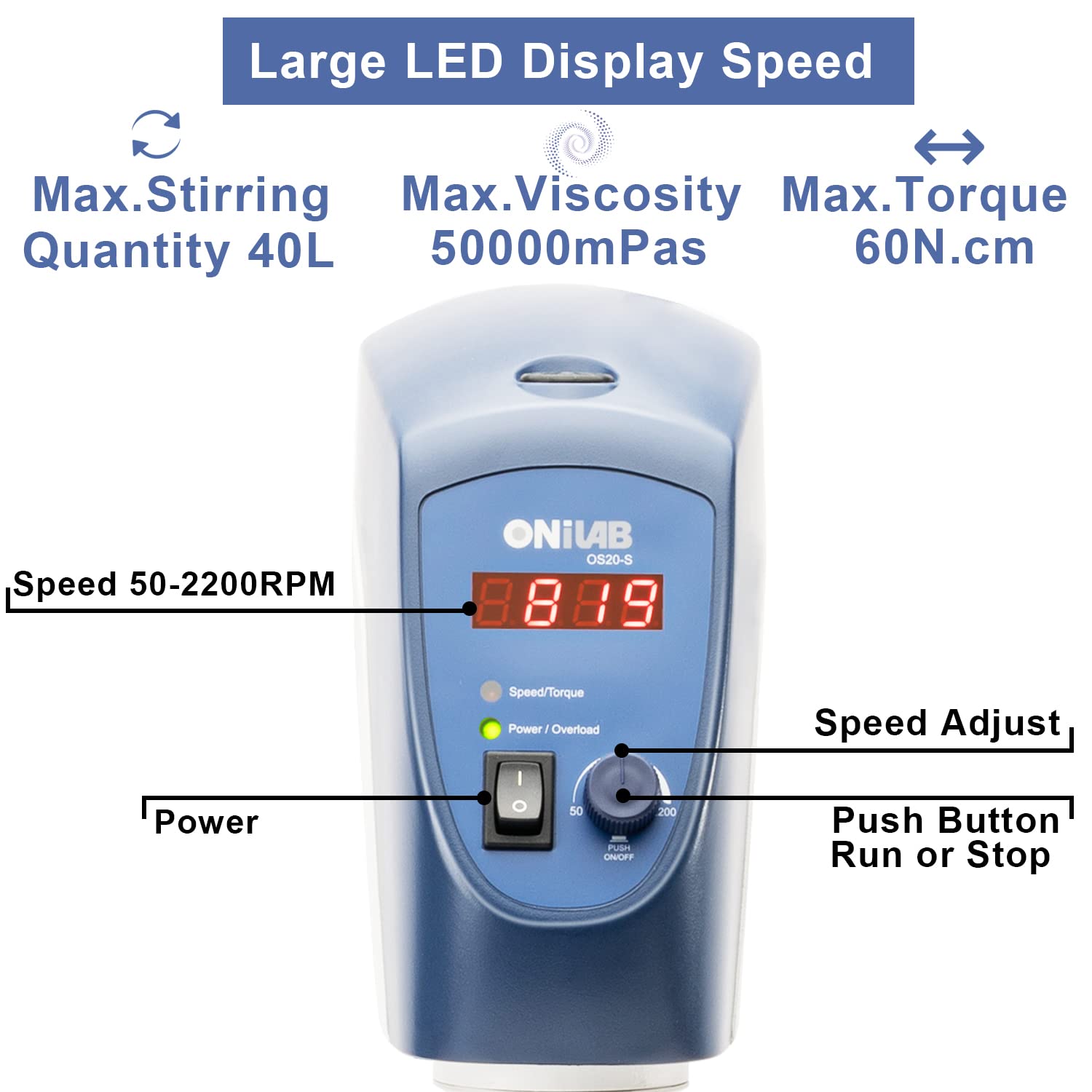 ONiLAB 8053200200 - Agitador de cabeza LED (40 L, 2200 rpm, azul oscuro, ABS (agitador solamente, soporte no incluido)