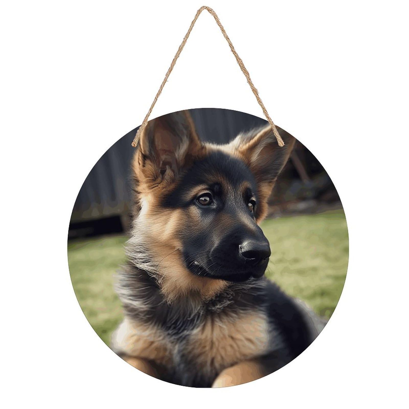 VstaDank German Shepherd Puppy Wall Art Decor with Ropes Wooden Hanging Sign Hanging Wall Decor Artwork Round Wood Painting Modern Wall Prints Decor Picture for Office Bar Home Decors