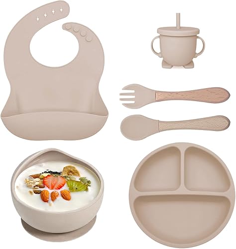 Juego de alimentación de silicona para bebés, juego de platos para bebés pequeños, juego de suministros de destete para bebés, plato dividido,