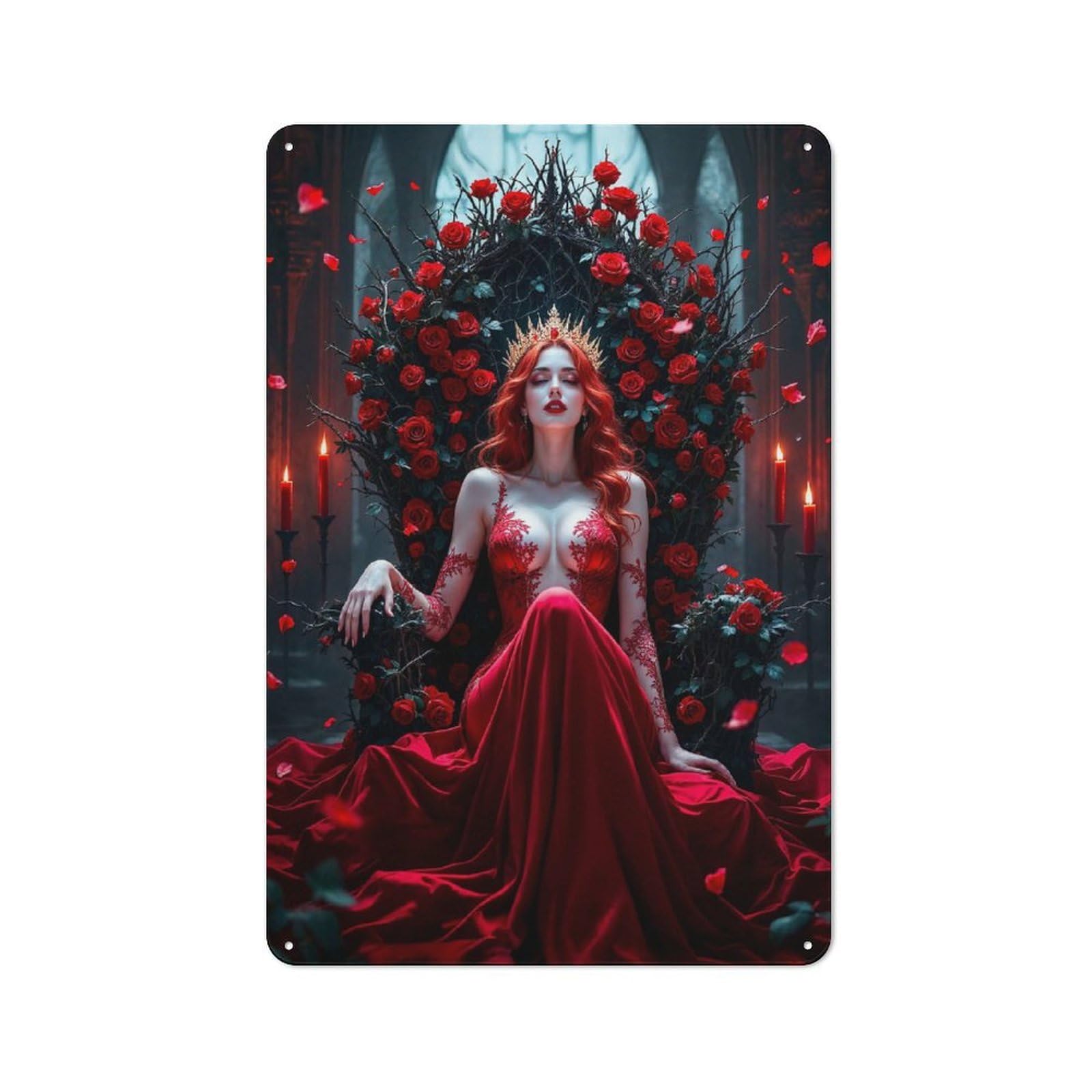 Rustic Vintage Metal Sign 30x20cm Featuring Red Queen on Throne, Home Bar Decor for Cafe, Pub, Workshop Or Home Bar