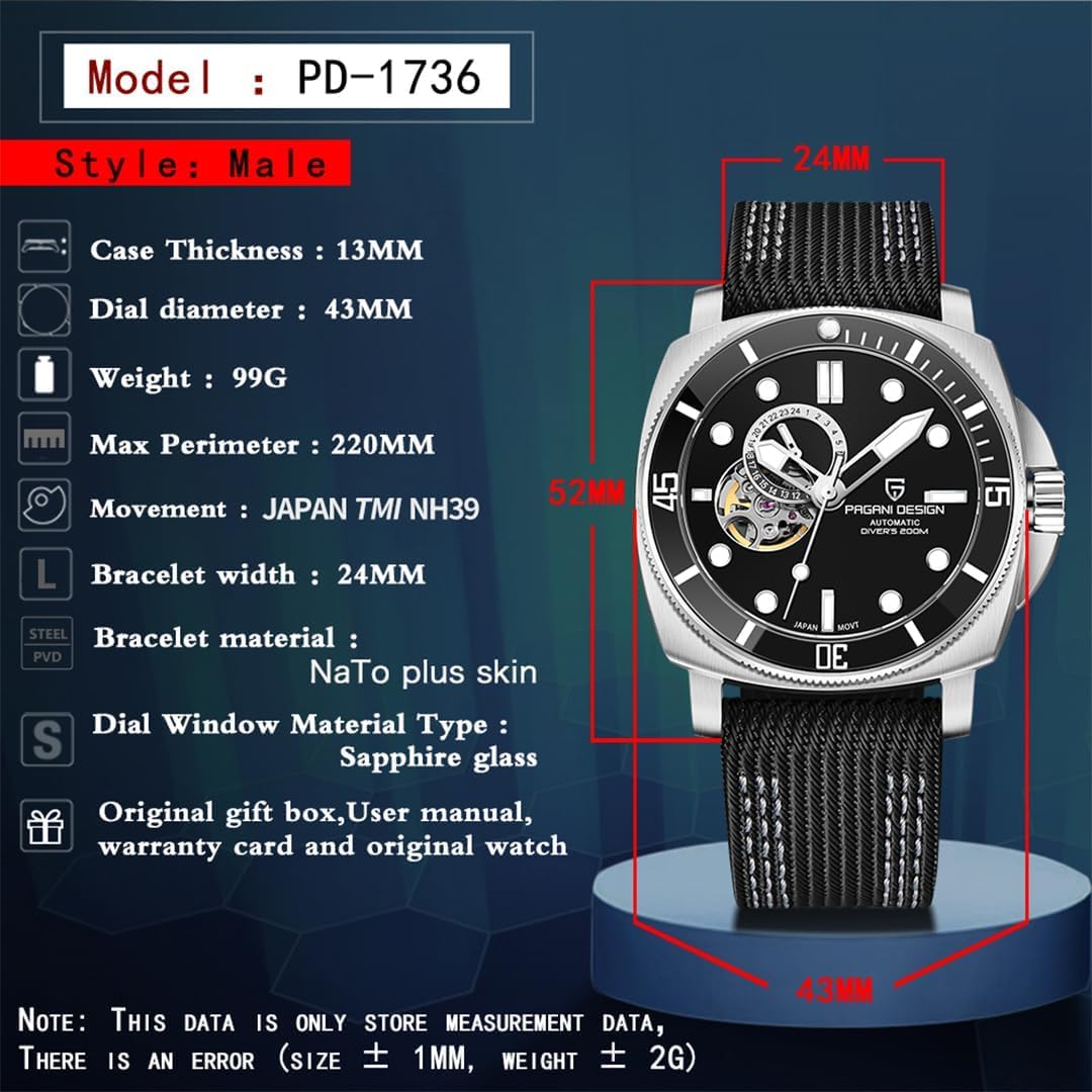Pagani Design 1736 Automatik Tourbillon Mechanische Uhr Japan NH39 Saphirglas Lederband 200 Meter Taucheruhr Sport Herrenuhren