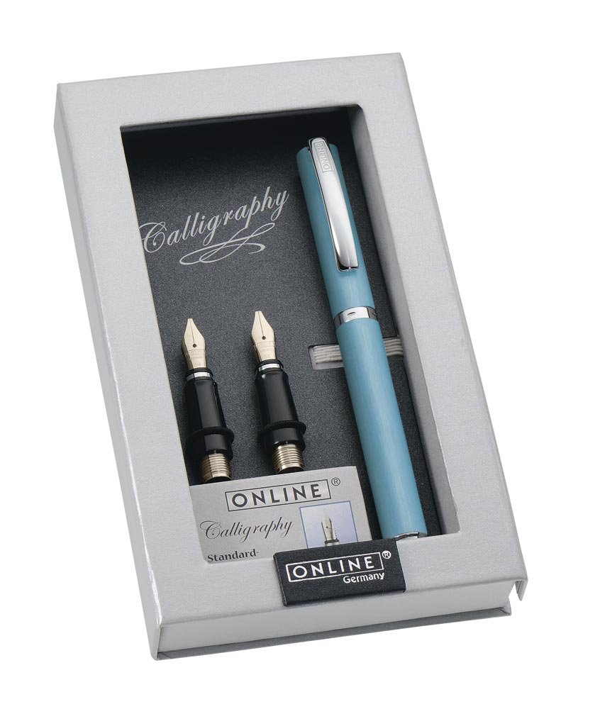 ONLINE 36651 Kalligrafie-Set Vision Turquoise, Füller mit 3 Kalligraphie-Federn Breite 0.8, 1.4, 1.8 mm, inklusive Calligraphy-Tintenpatronen, in edler Geschenk-Box, Schönschreib-Füller Türkis