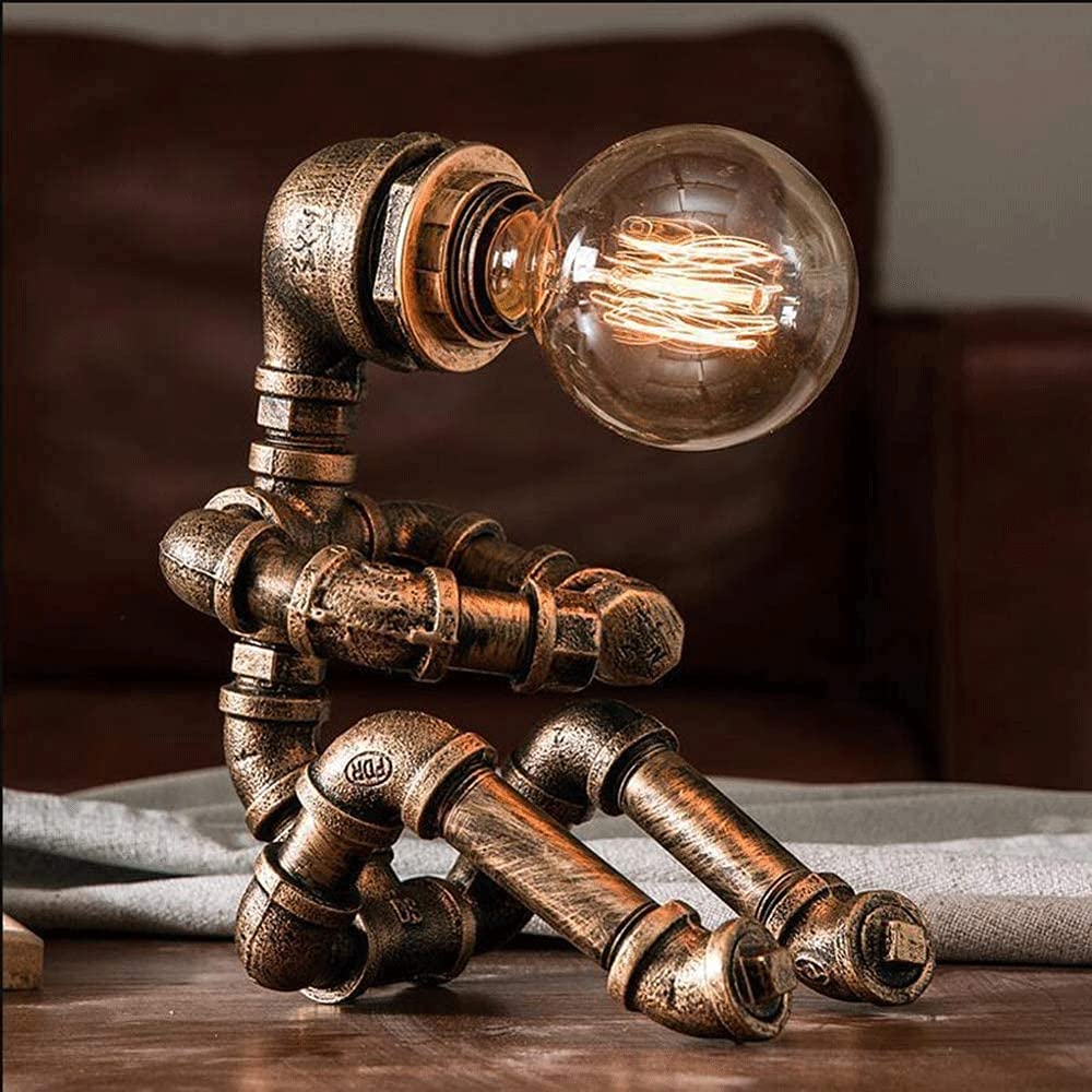 ZLMFK Steampunk Wrought Iron Base Antique Table Lamp Creative Iron Robot Table Lamp Retro Robot Water Pipe Table Lamp Bar Restaurant Cafe