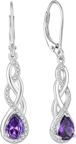 Inpasne Aretes de plata de ley 925 con cierre de palanca infinito, aretes colgantes con forma de lágrima, aretes de piedra natal, joyería trenzada