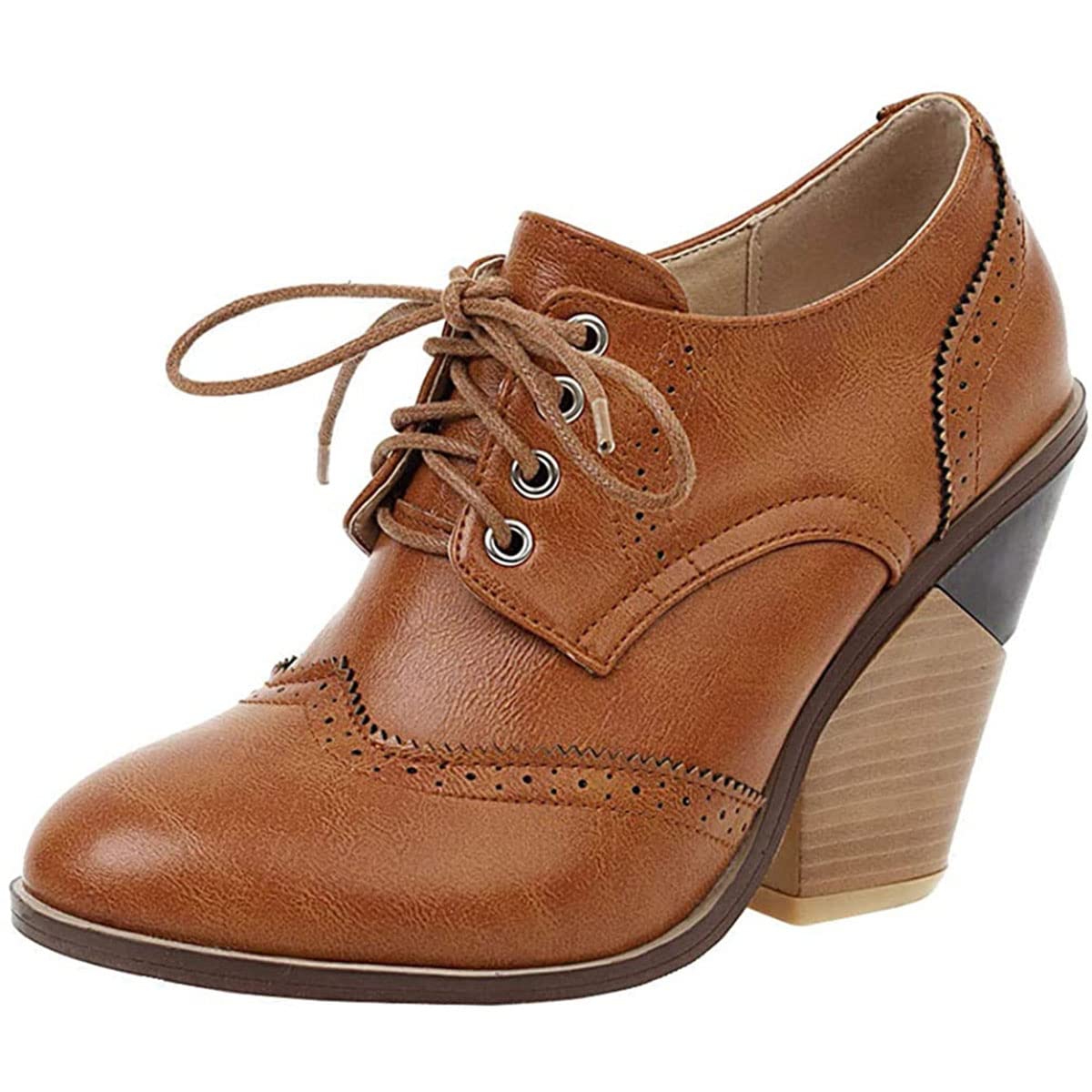 SHEMEE Womens Chunky High Heel Wingtip Oxfords Round Toe Lace Up Block Heels Vintage Brogues Pumps Shoes
